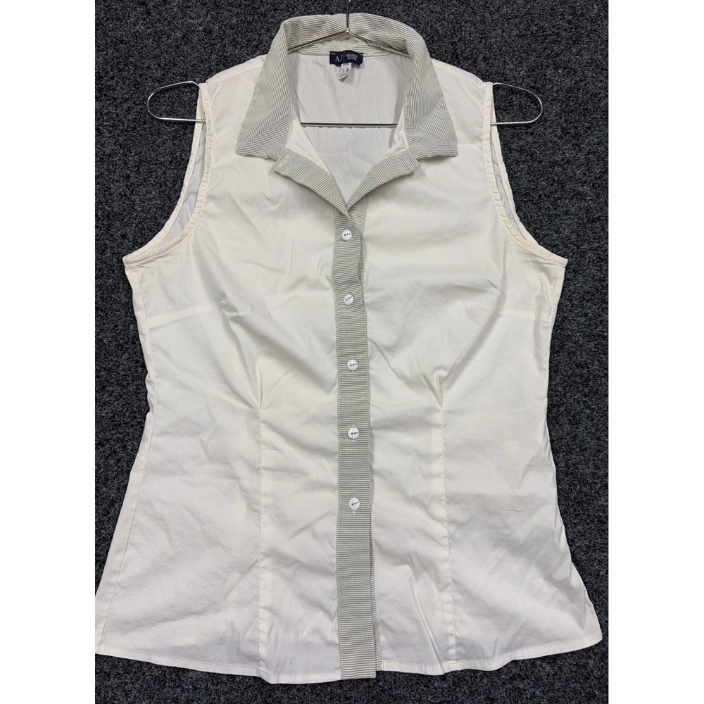 Armani Jeans Top Women S White Sleeveless Button Down Striped Trim Designer SEO